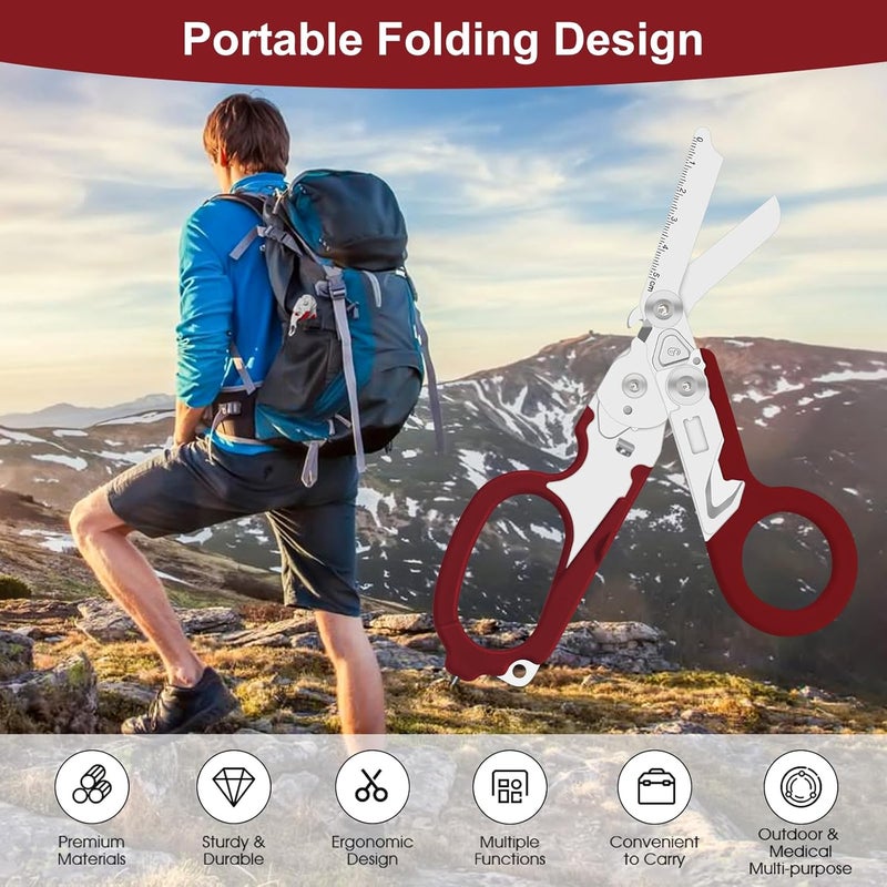 Lemasa 6 in 1 Multifunctional Combination Tool, Folding Retractable Emergency Shears, Outdoor Camping Tools, Seat Belt Cutter, Oxygen Cylinder Wrench, Complimentary Adjustable Wrench (red) - Image 4